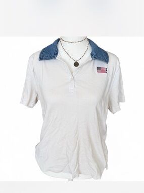 White Polo Top with Denim Collar and USA Flag